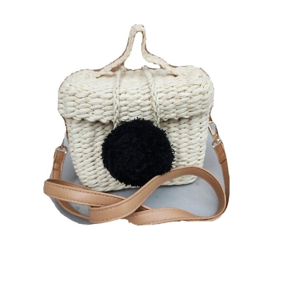 Surell Natural Straw Small Rectangle Basket Crossbody Handbag W/Black PomPom -EC - Picture 1 of 10